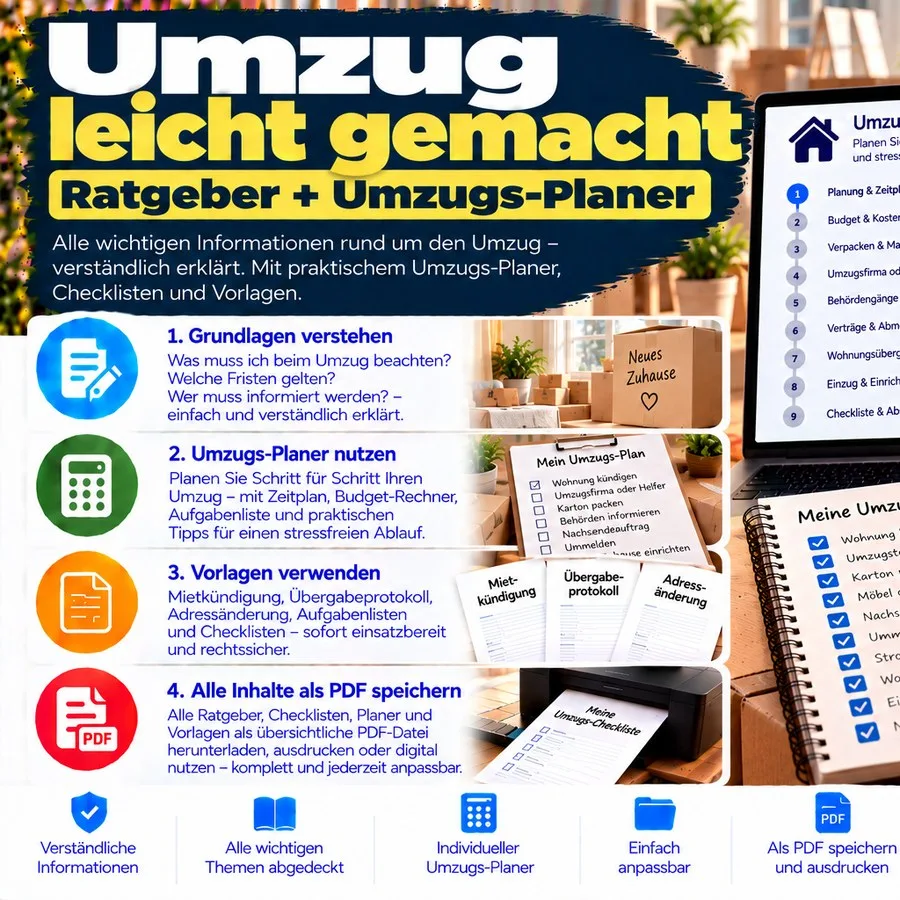 Hero-Banner Umzug leicht gemacht mit Ratgeber und Umzugs-Planer, Kartons und Wohnzimmer im Hintergrund