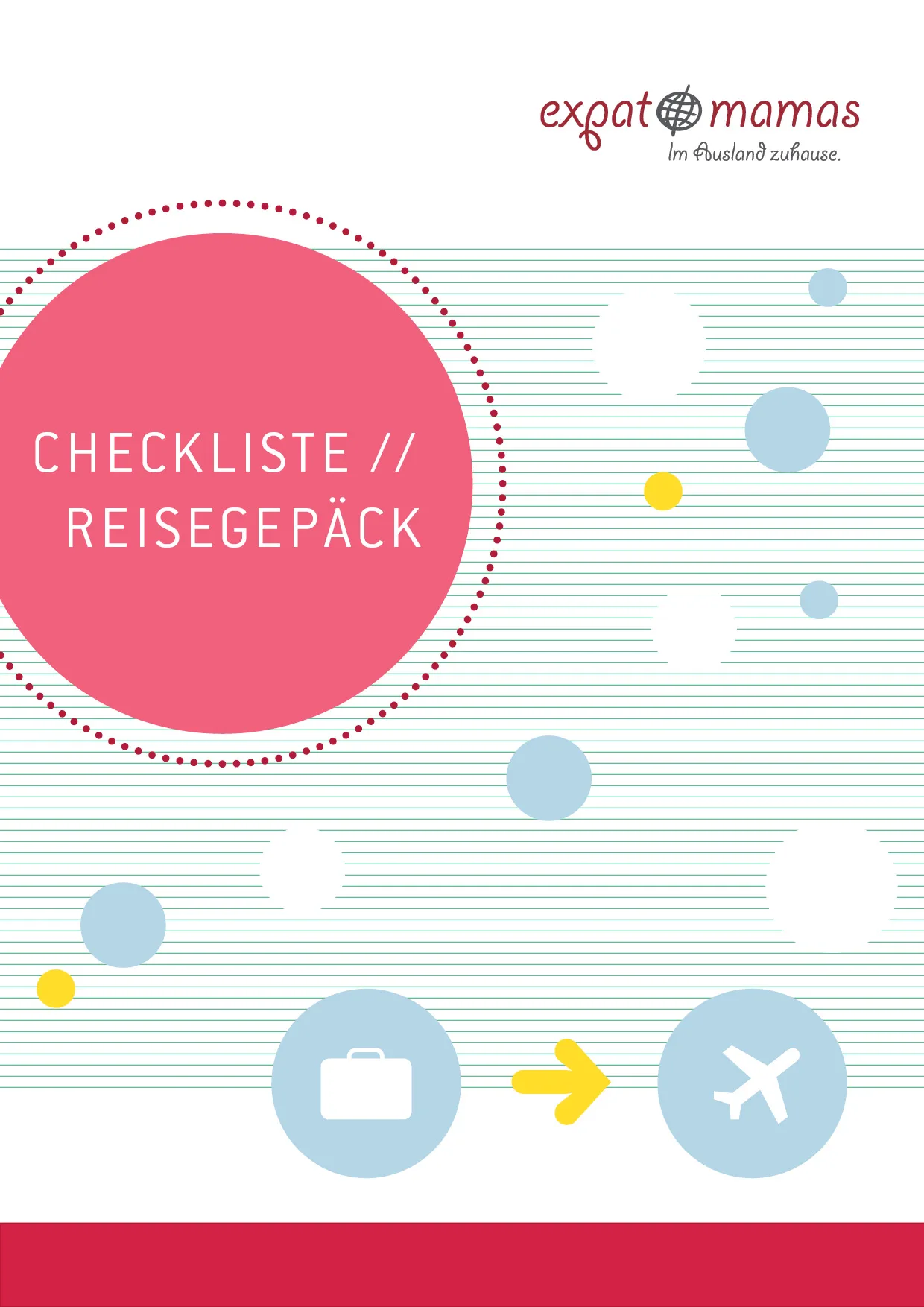 Titelseite Reisegepäck-Checkliste mit rosa Kreis und Koffer-zu-Flugzeug-Icon