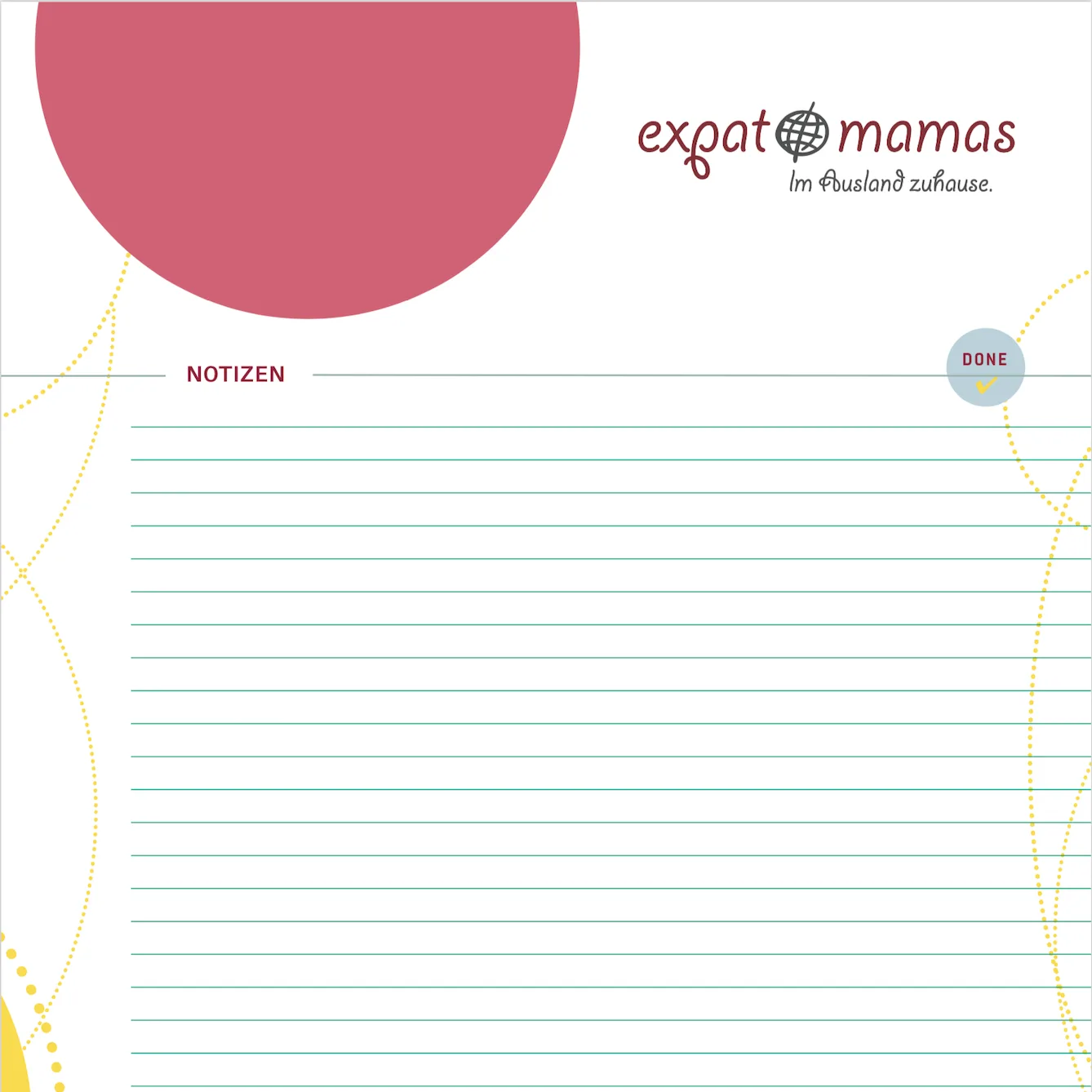 Notizblock-Cover der Expatmamas Umzugscheckliste mit rosa Halbkreis und Linien
