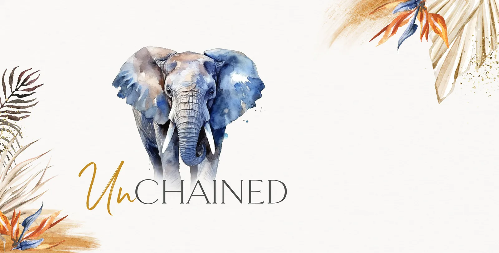 Hero-Banner mit Elefanten-Illustration und Blumenelementen für Unchained-Kurs von Michi Schreiber