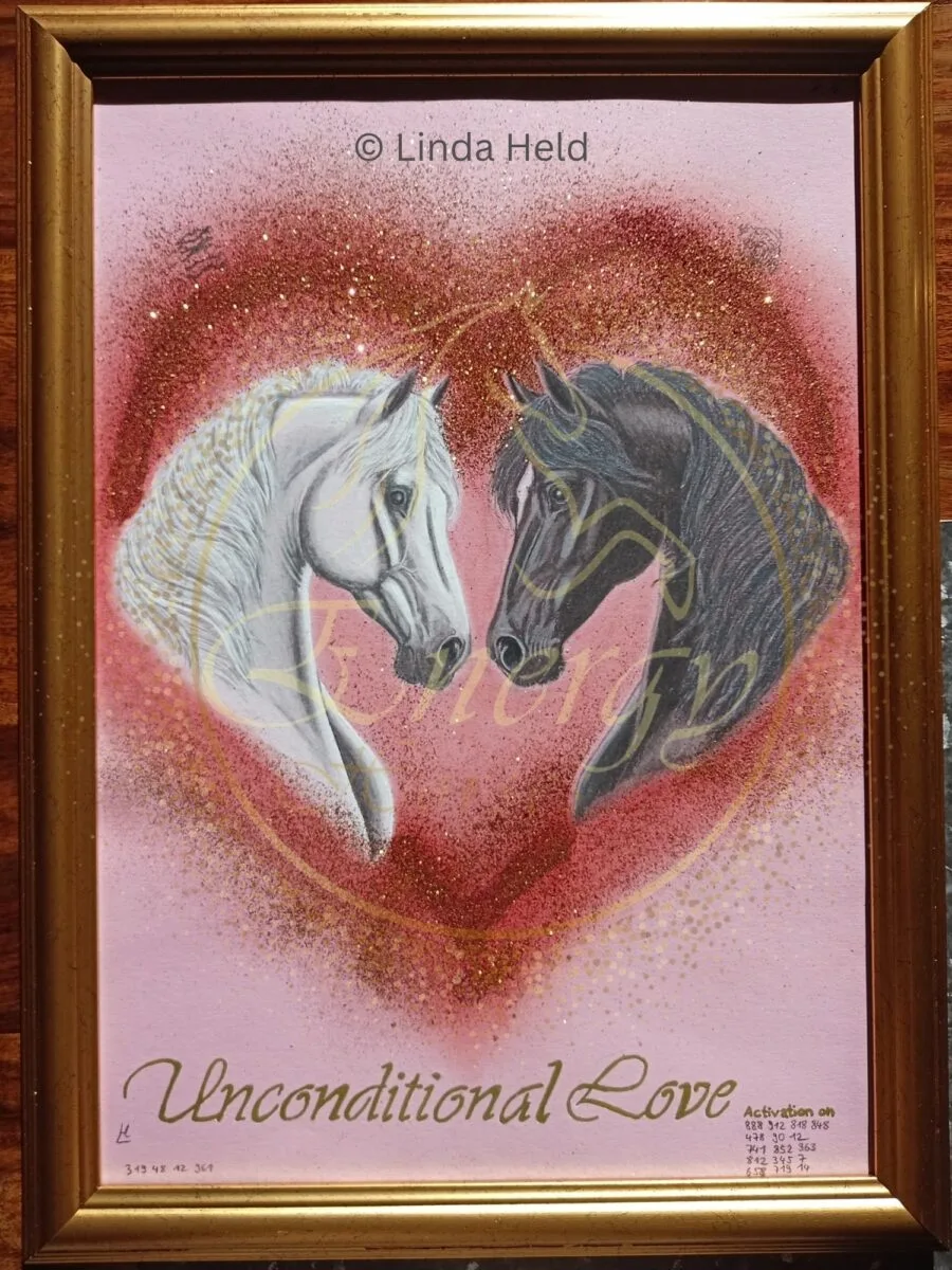 Unconditional Love Energy Horse – Originalgemälde DIN A3 mit Holzrahmen, zwei Pferde im Herz