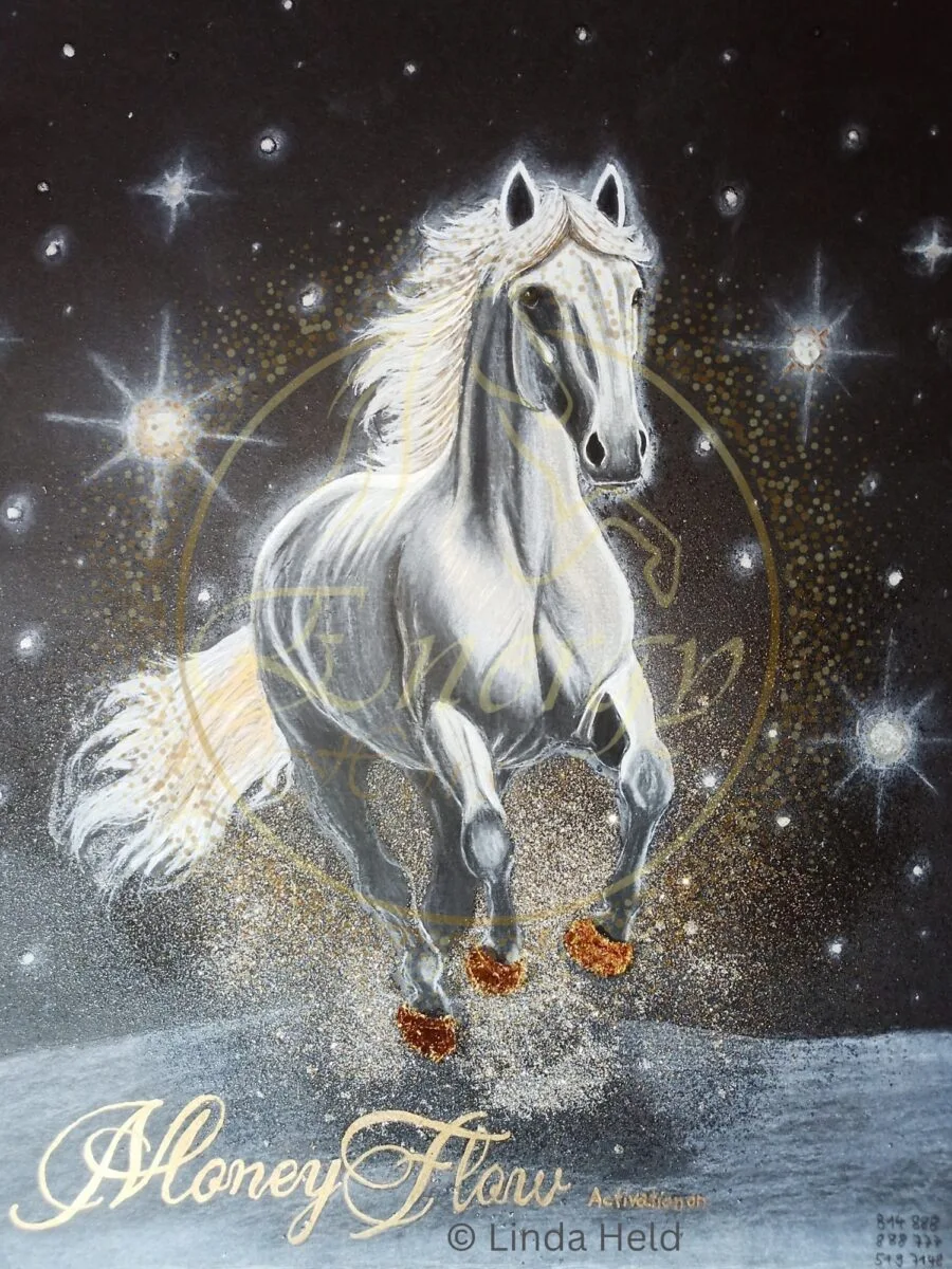 Money Flow Energy Horse – weißes Pferd mit goldenem Glitter und kosmischem Hintergrund