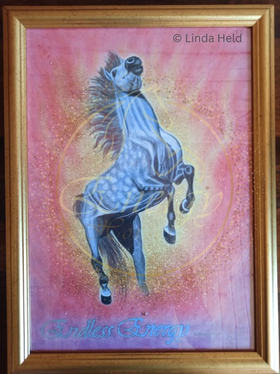 Endless Energy Energy Horse – Originalgemälde DIN A3 mit Holzrahmen, blaugraues springendes Pferd
