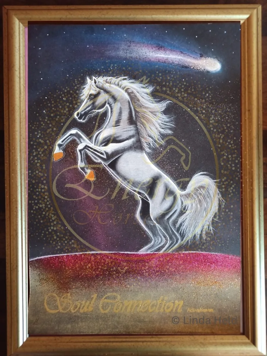 Soul Connection Energy Horse – Originalgemälde DIN A3 mit Holzrahmen, weißes Pferd mit Komet