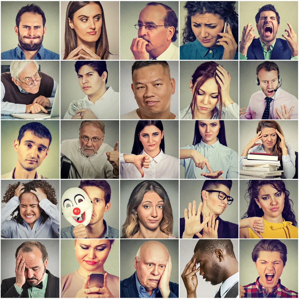Unsterblichkeitskongress-Paket – Onlinekongress-Zugangspaket 4 Collage mit 25 Porträts verschiedener Menschen zeigend unterschiedliche Emotionen und Reaktionen