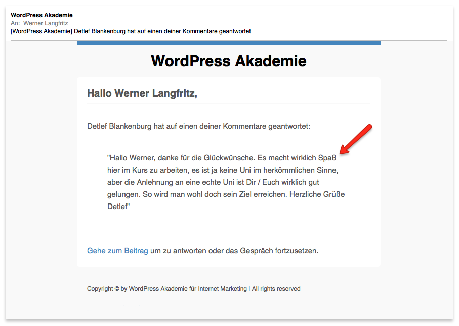 Unternehmerausbildung WPA MasterCoaching – Onlinebusiness-Coaching 6 Screenshot der WordPress Akademie mit Kommentar von Detlef Blankenburg über den Kurs