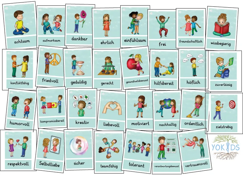 Wertekarten mit 32 Werten für Kinder illustriert: Achtsamkeit, Aufmerksamkeit, Dankbarkeit, Ehrlichkeit und weitere Tugenden