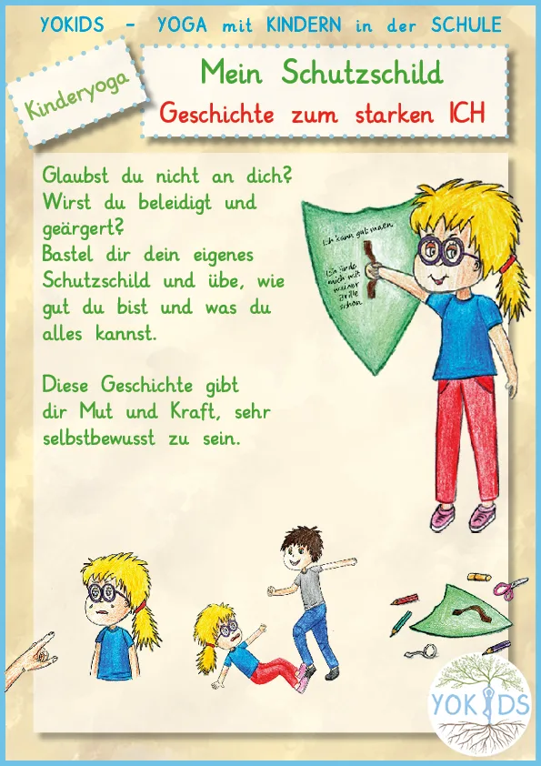 Kinderyoga Poster: Mein Schutzschild – Geschichte zum Stärken des Ich mit Illustration eines Mädchens mit Schutzschild