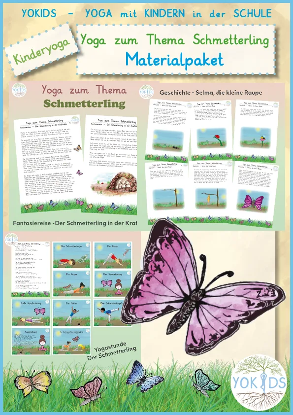 Kinderyoga Poster: Yoga zum Thema Schmetterling – Materialpaket mit Geschichten, Fantasiereisen und Yogastunden, großer viole