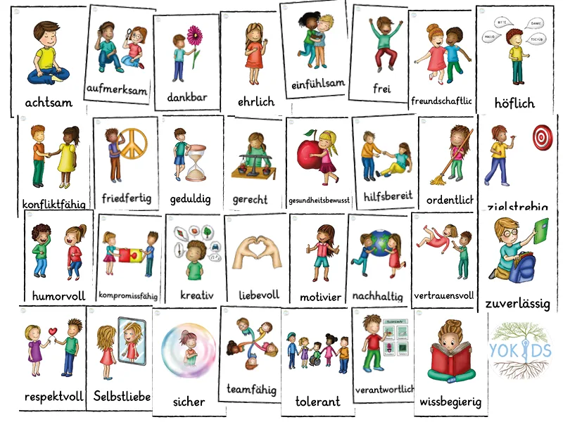 Wertekarten mit 32 illustrierten Werten für Schule: Respekt, Selbstliebe, Sicherheit, Teamfähigkeit, Toleranz und weitere