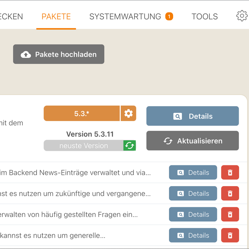 Contao 5 Paketverwaltungs-Interface mit Update-Button und Versionsinformation 5.3.11