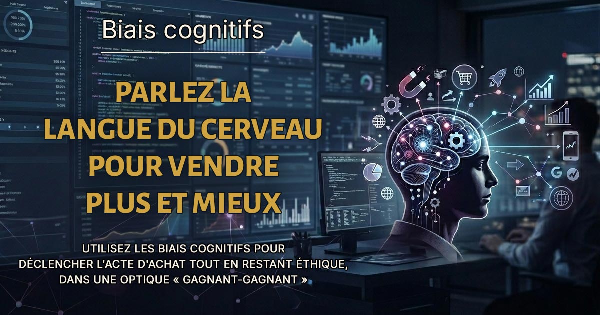 Marketing-Banner mit Gehirn-Illustration und goldener Schrift über kognitive Biases