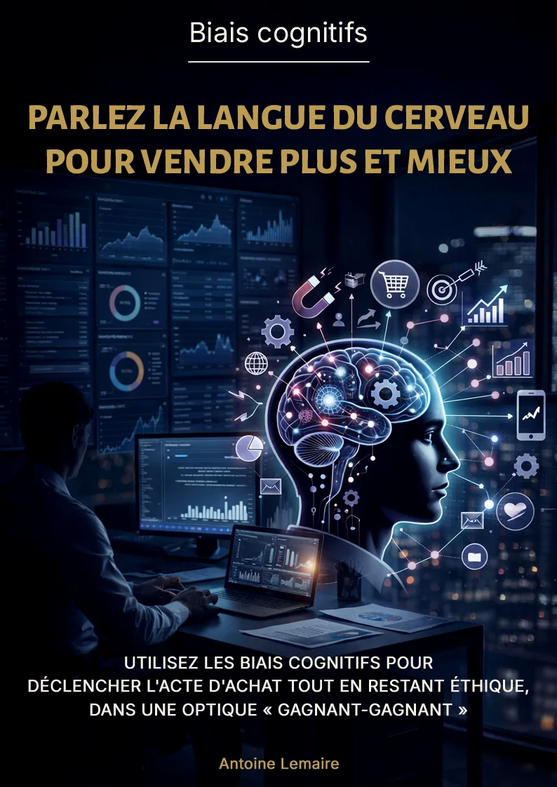 E-Book Cover: Gehirn mit Marketing-Icons auf schwarzem Hintergrund, Autorname Antoine Lemaire
