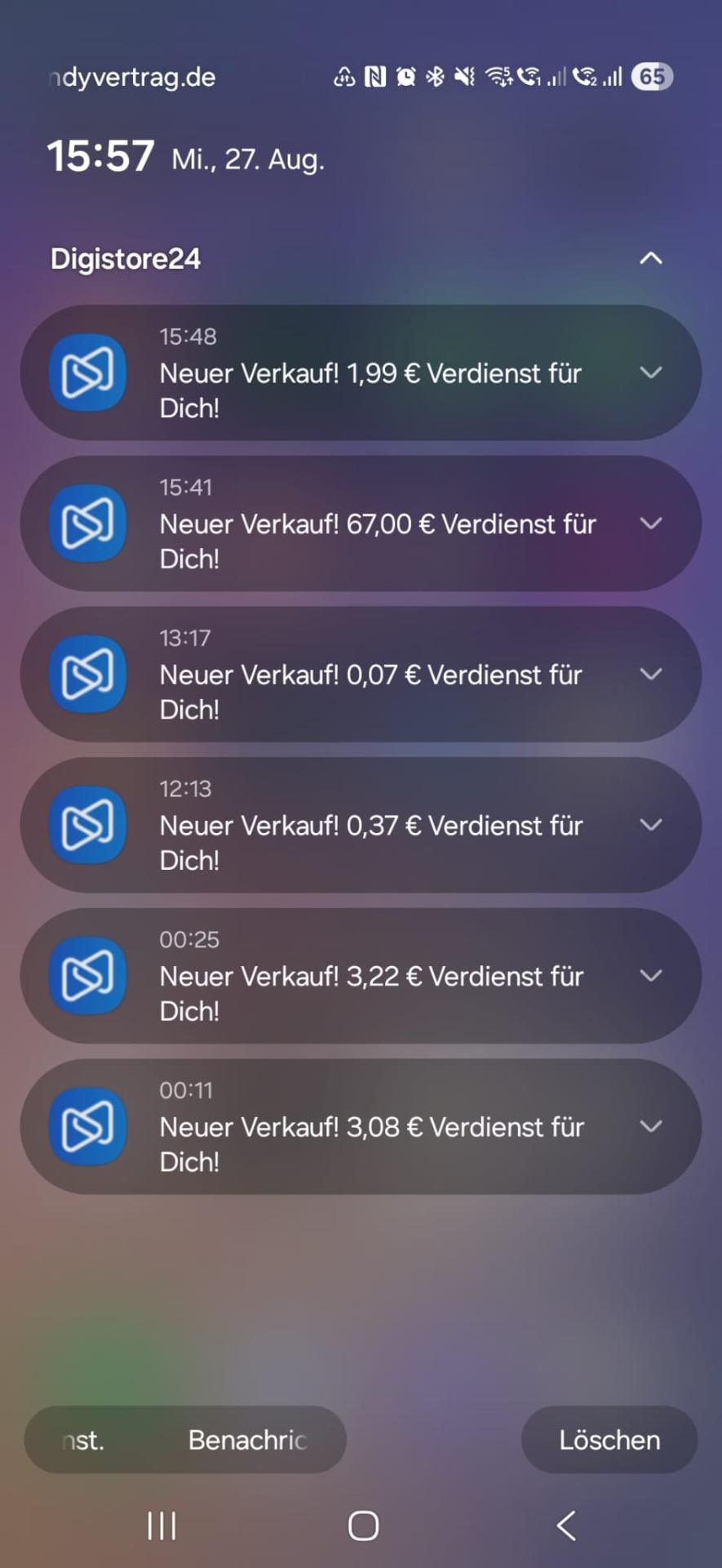 Sechs Digistore24 Push-Benachrichtigungen mit verschiedenen Verdiensten von 1,99 bis 67,00 Euro