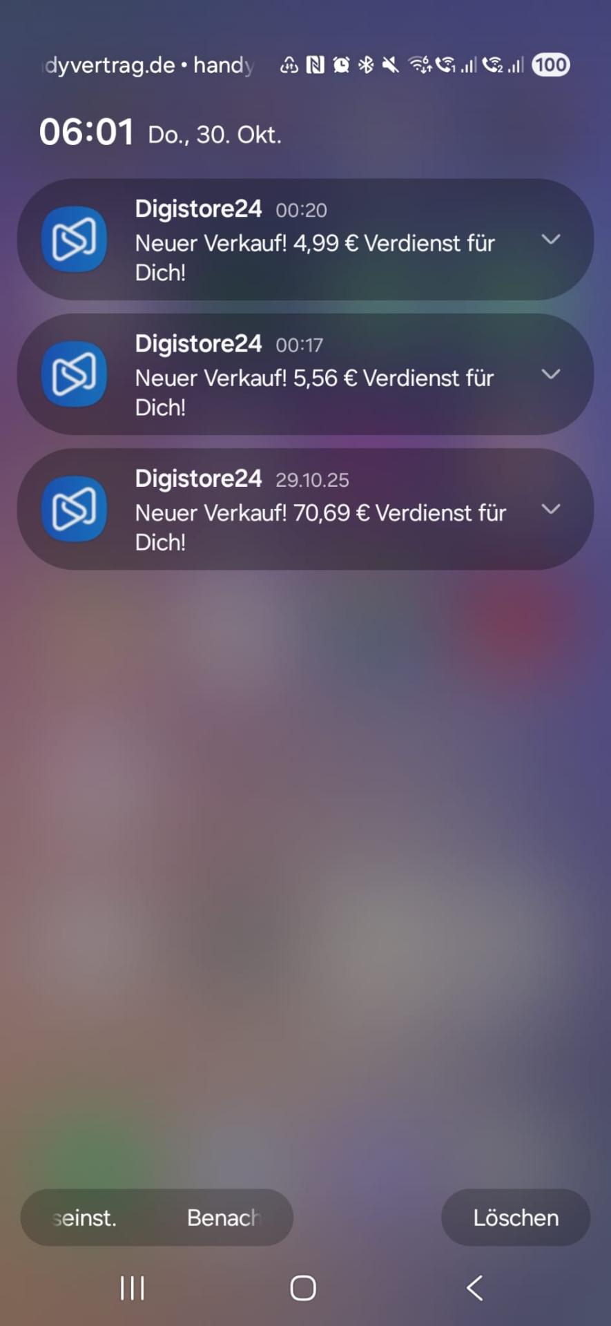 Drei Digistore24 Push-Benachrichtigungen mit Verdiensten von 4,99 Euro, 5,56 Euro und 70,69 Euro