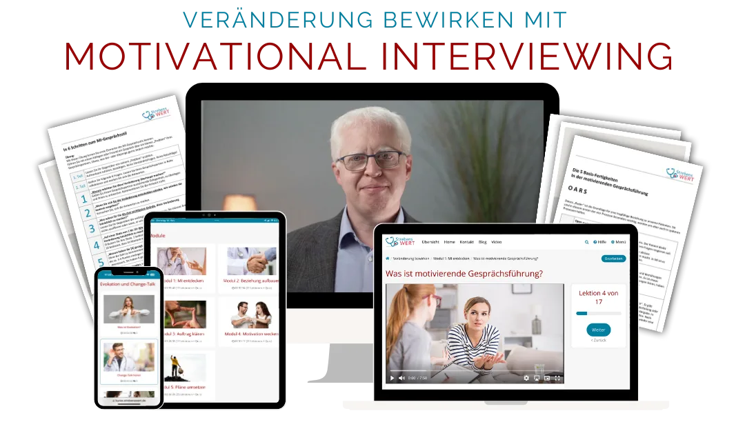 Werbemotiv für Online-Kurs Motivational Interviewing mit Kursplattform-Screenshots und Dozent