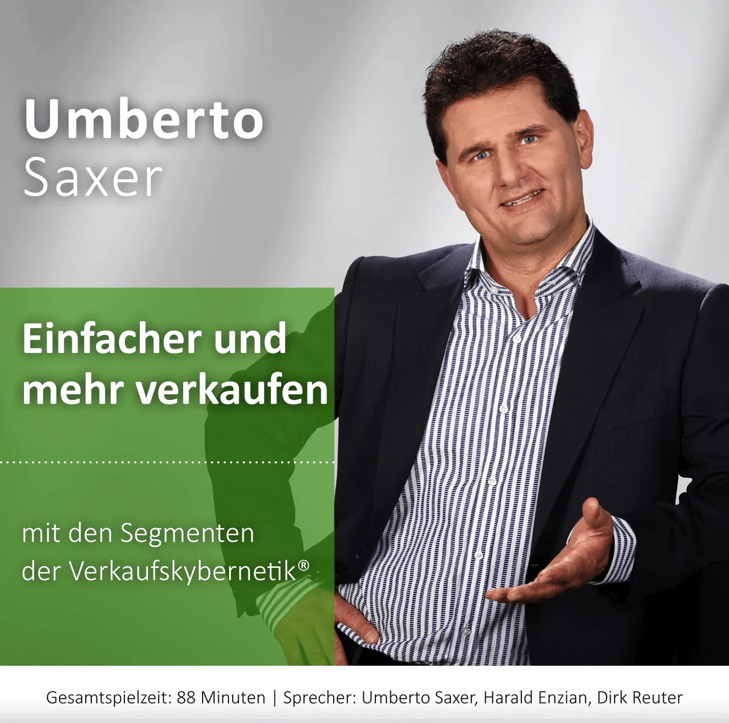 Cover Einfacher und mehr verkaufen mit Umberto Saxer in Geschäftskleidung vor grünem Hintergrund