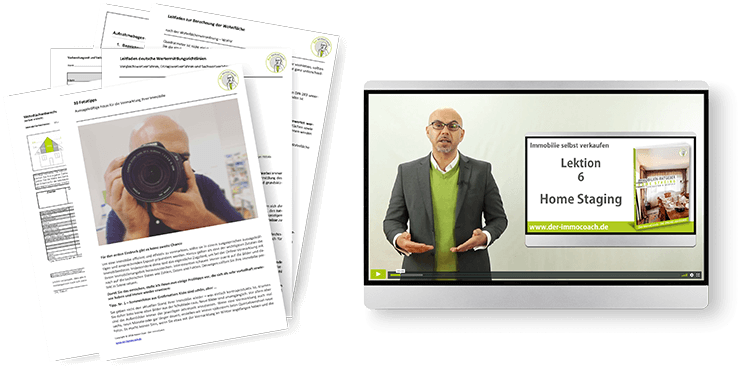Screenshot von Kurslektion mit Checklisten-PDF links und Video-Lektion Nummer 6 Home Staging rechts