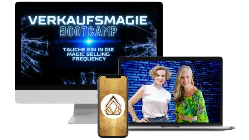 Mockup des Verkaufsmagie Bootcamp Kurses auf Monitor, Smartphone und Laptop mit Dozentin Christine Schlonski