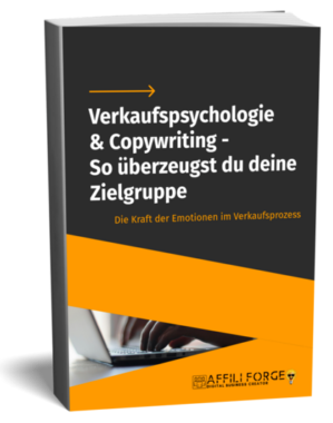 E-Book Cover Verkaufspsychologie & Copywriting mit oranger Grafik und Affili Forge Logo