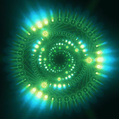 Leuchtender grüner und gelber Energie-Kreis mit spiralförmigen Mustern
