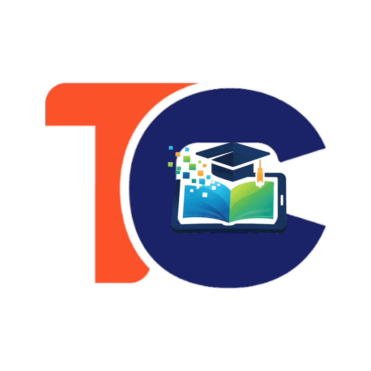 TrainerCentral Logo mit Buchsymbol, Abschluss-Hut und Mobilgerät in Rot und Dunkelblau