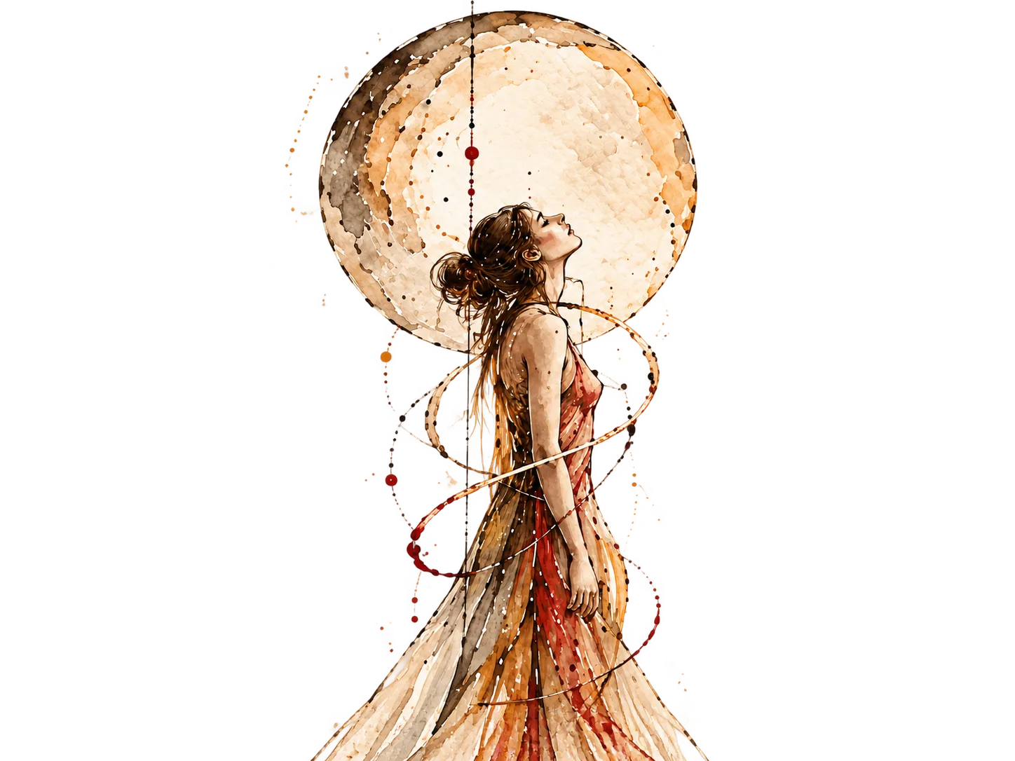 Aquarell-Illustration Frau mit Mond-Hintergrund, Spiralenmuster, Rot- und Brauntöne