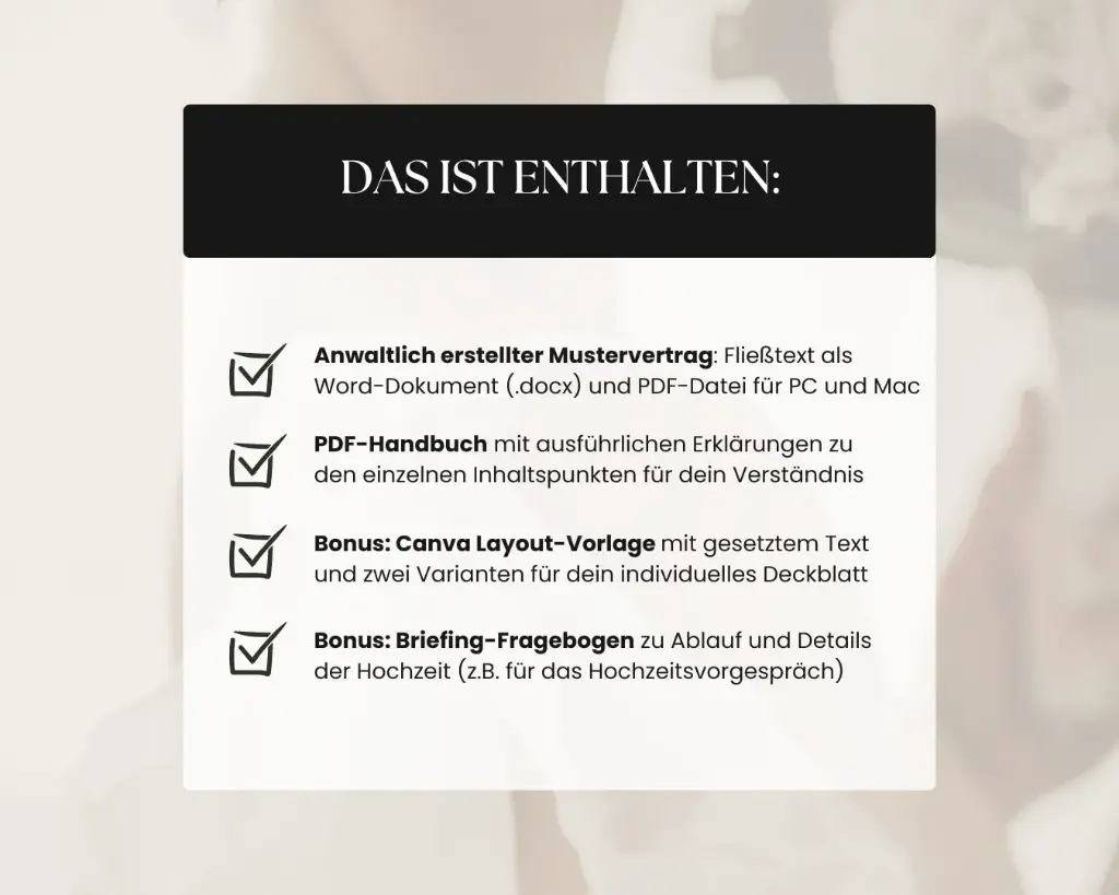 Infografik zeigt Lieferumfang: Mustervertrag, PDF-Handbuch, Canva Layout-Vorlage und Briefing-Fragebogen
