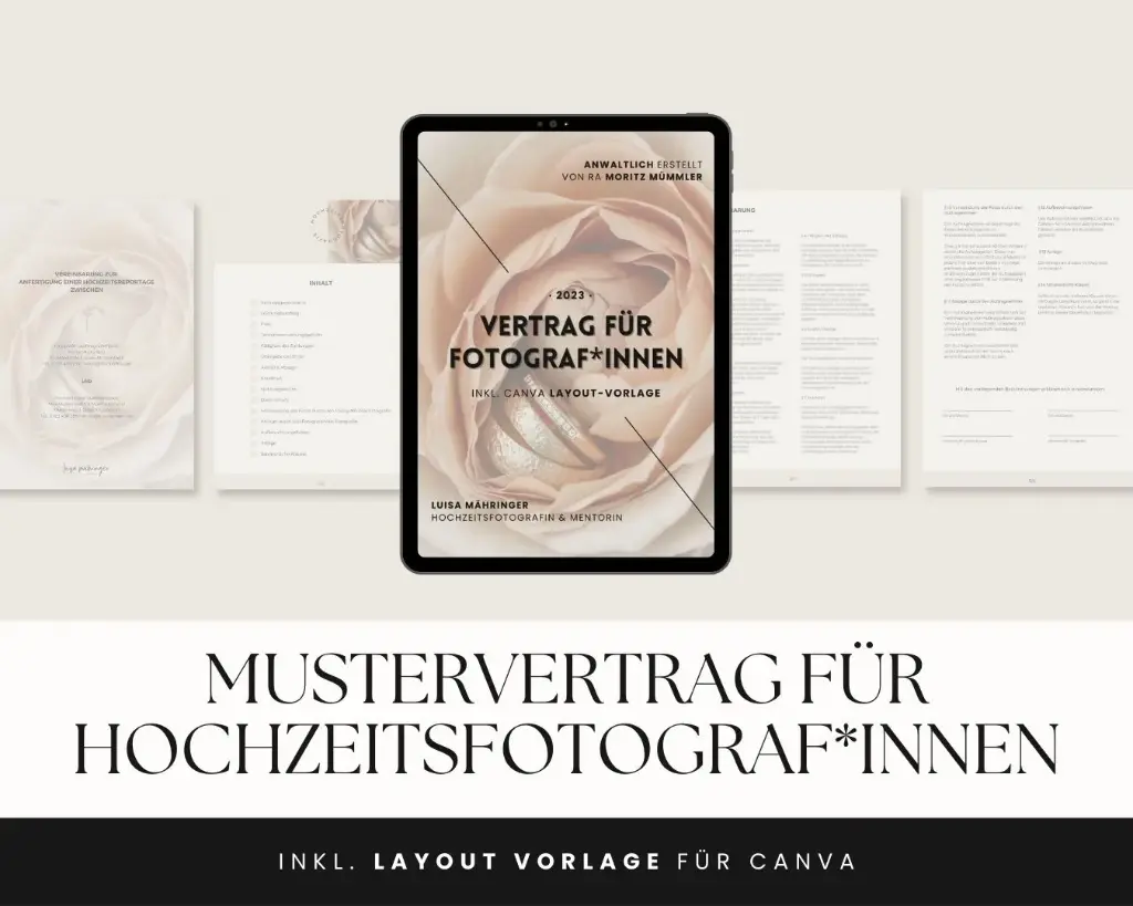 iPad zeigt Deckblatt des Vertrags für Fotografinnen mit Rose-Motiv und Canva Layout-Vorlage