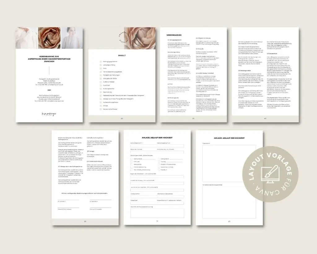 Darstellung aller Vertragsseiten im Überblick mit anwaltlich erstelltem Mustervertrag und Canva Layout-Vorlage