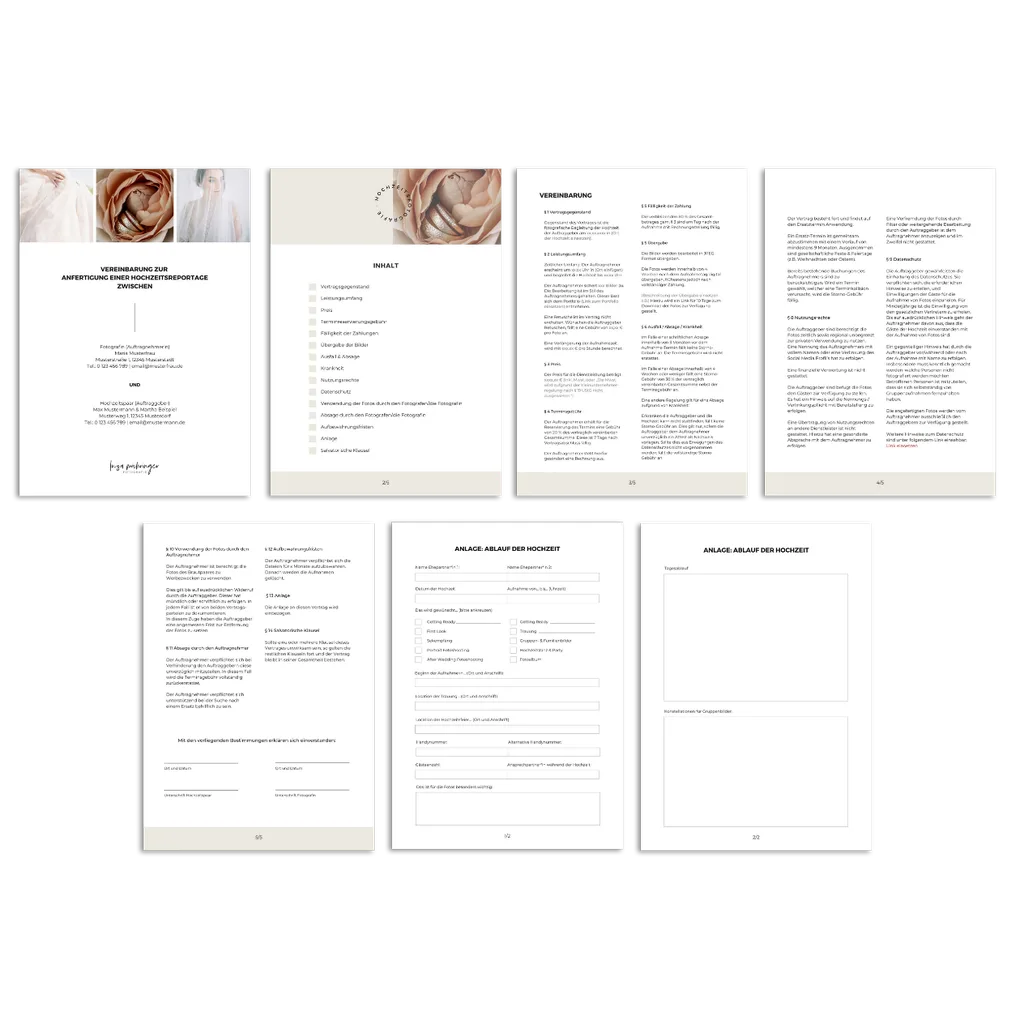 Vertrag für Hochzeitsfotografie – Übersichtsdarstellung aller Vertragsseiten mit Inhaltsverzeichnis und Formularvorlagen