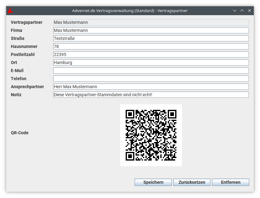 Vertragspartner-Detailseite mit Adressangaben für Max Mustermann und QR-Code