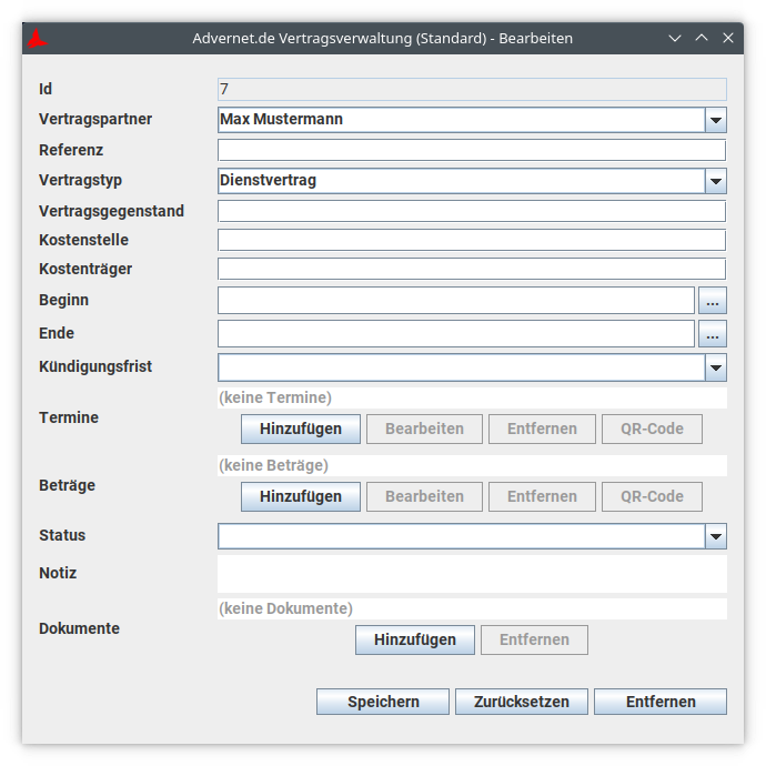 Bearbeitungsdialog für Dienstvtrag in der Vertragsverwaltungssoftware mit Feldern für Partner, Typ und Termine