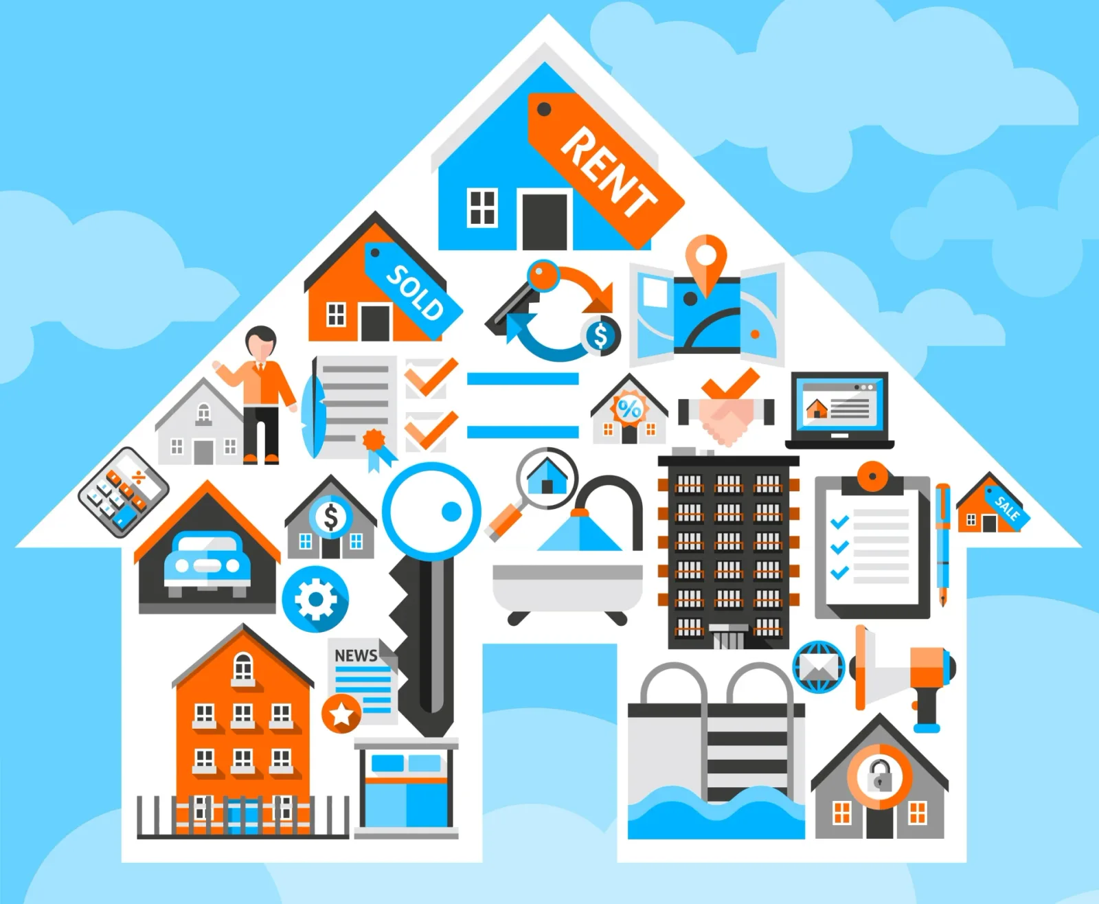 Real Estate Concept Illustration mit Häusern, Verkauf, Vermietung und Verwaltungssymbolen