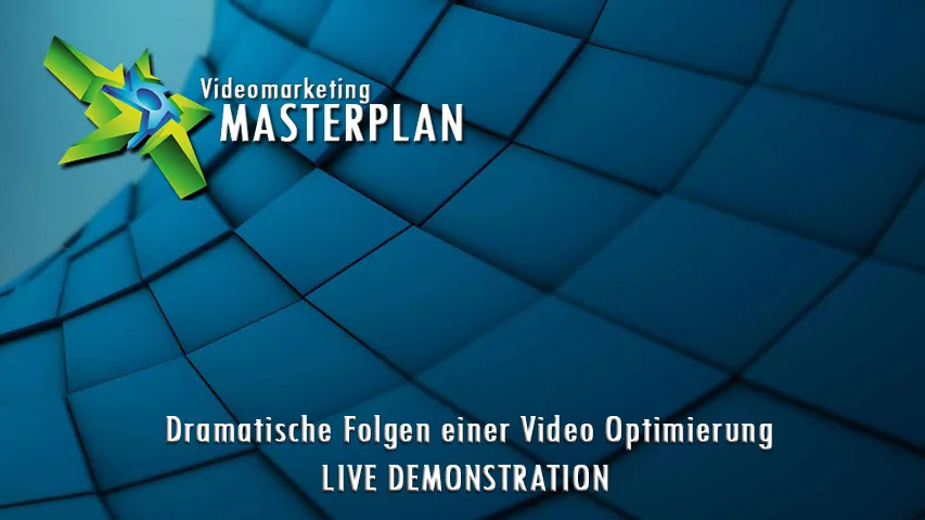 Videostandbild Masterplan-Logo auf blauem 3D-Muster-Hintergrund mit Live-Demonstration-Text