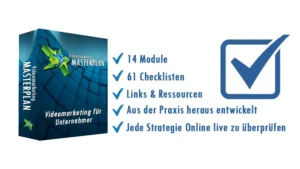 becomePro 4 Produktabbildung Videomarketing Masterplan Box mit 14 Modulen, 61 Checklisten und Benefit-Icons