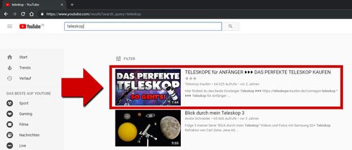 YouTube-Screenshot mit Video-Suchresultat und rotem Pfeil
