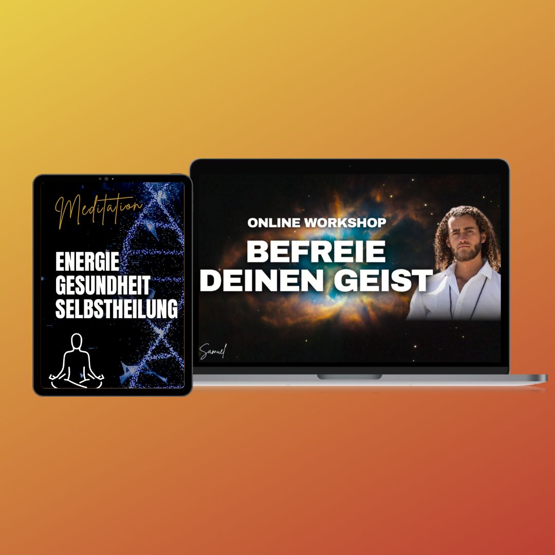 Geräte-Vergleich: iPhone und MacBook auf orangem Hintergrund zeigen verschiedene Kursinhalte (Meditation und Live-Workshop)