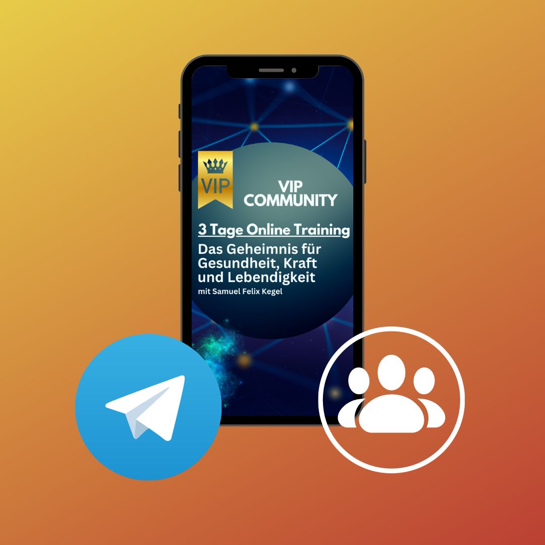 Smartphone-Mockup zeigt VIP Community Seite mit Telegram- und Gruppensymbolen auf orangem Farbverlauf