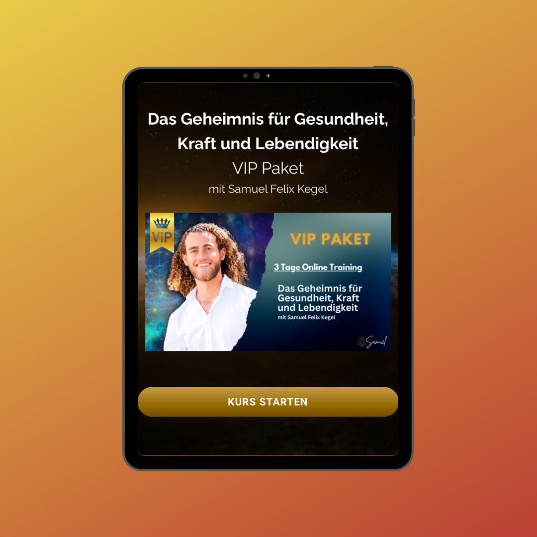 iPad-Mockup mit orangem Hintergrund zeigt VIP-Paket-Seite mit Trainingsdetails und goldenem "KURS STARTEN"-Button