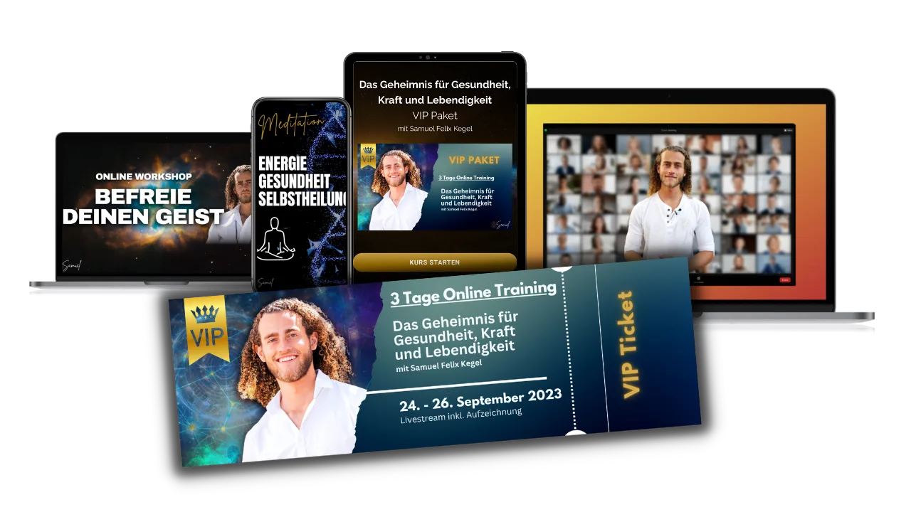 Produktmockup: Laptop, Smartphone und Tablet zeigen Online-Workshop und VIP-Paket zum Thema Gesundheit und Lebendigkeit mit S