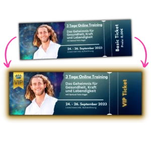 Vergleich Basic vs. VIP Ticket: Zwei Versionen eines Online-Training-Tickets nebeneinander, VIP-Version mit goldenem Rahmen