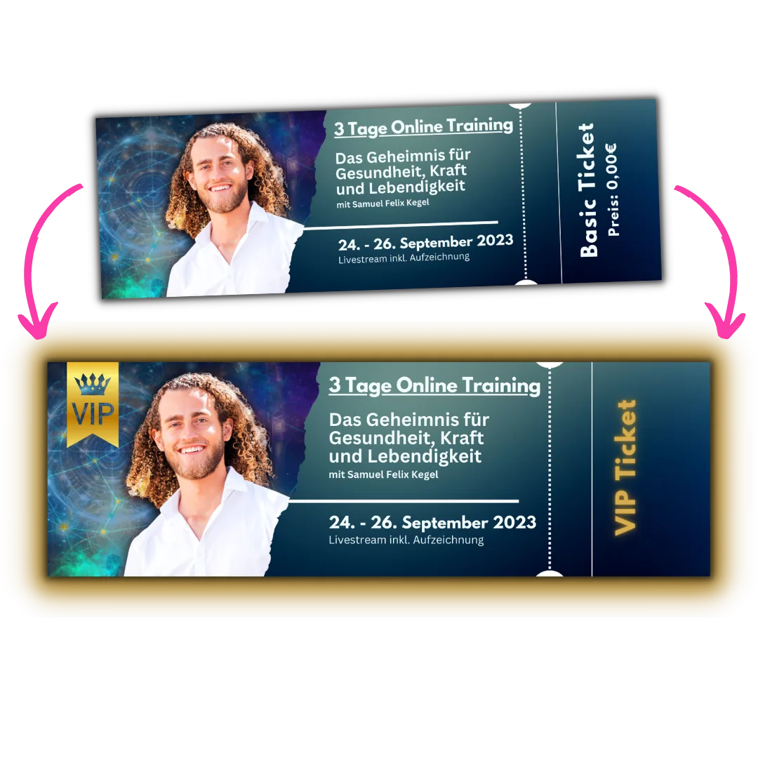 Vergleich Basic vs. VIP Ticket: Zwei Versionen eines Online-Training-Tickets nebeneinander, VIP-Version mit goldenem Rahmen