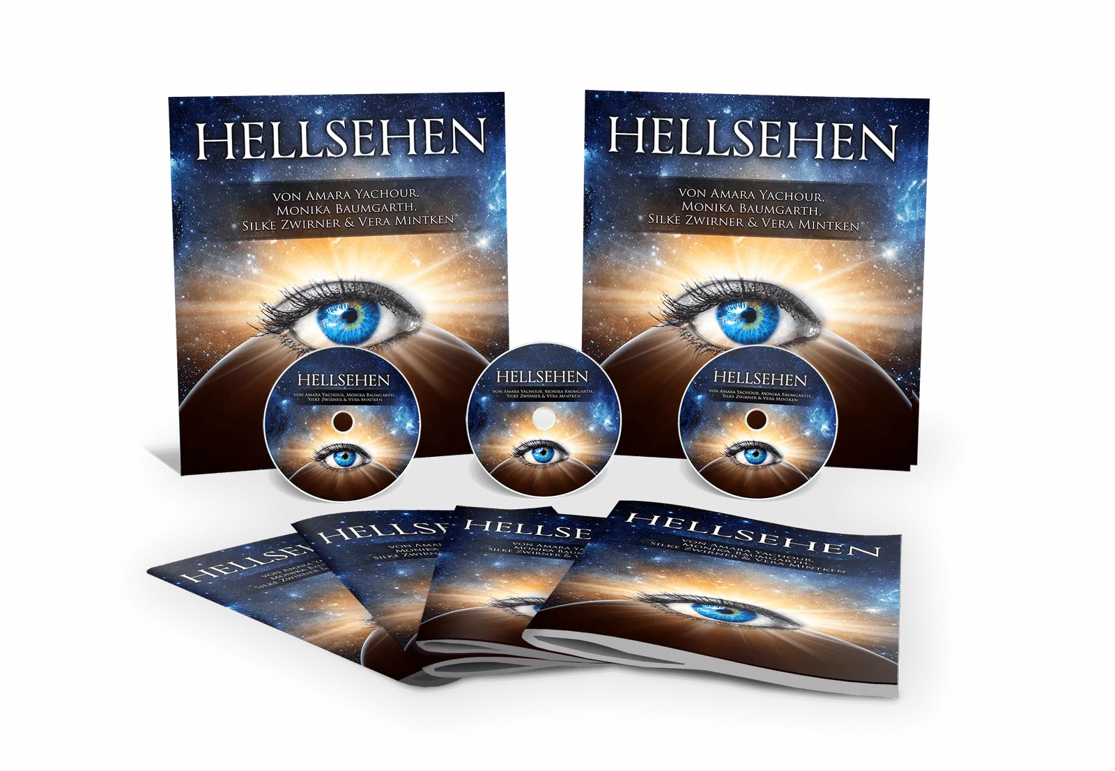 Hellsehen Videokurs Produktmockup mit zwei Cover, 3 DVDs und Handbüchern