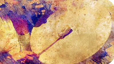 Abstrakte Kunstgrafik einer schamanischen Trommel in Gelbgold und Violetttönen