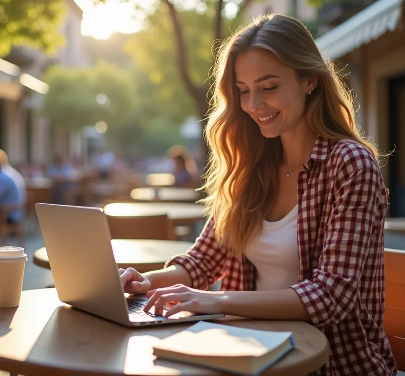 Frau mit roten Haaren arbeitet lächelnd am Laptop in einem sonnigen Café