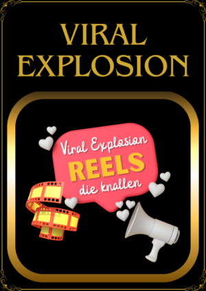 Buchcover Viral Explosion mit Filmstreifen, Megafon und Herzen auf schwarzem Hintergrund