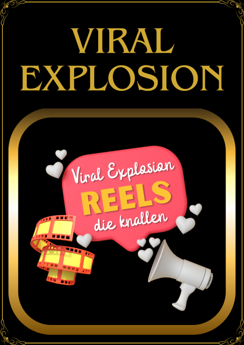Buchcover Viral Explosion mit Filmstreifen, Megafon und Herzen auf schwarzem Hintergrund
