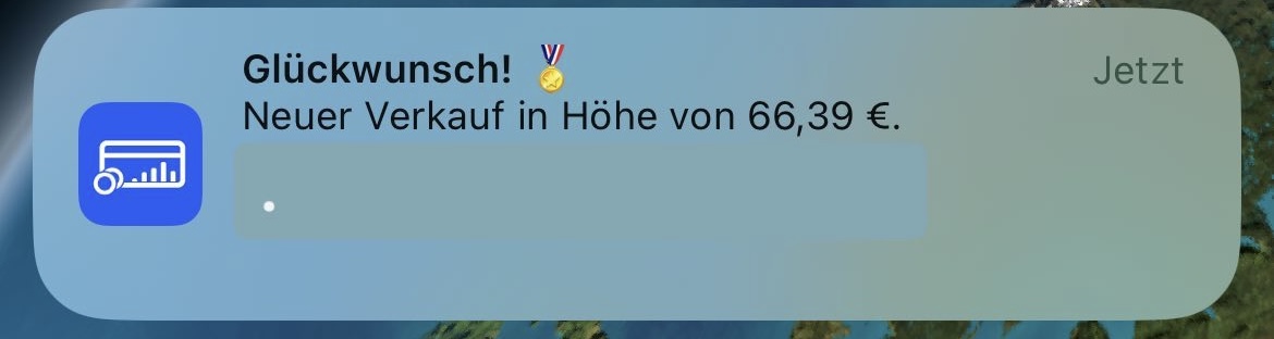Benachrichtigungsmeldung Glückwunsch neuer Verkauf 66,39 Euro mit Medaillen-Emoji