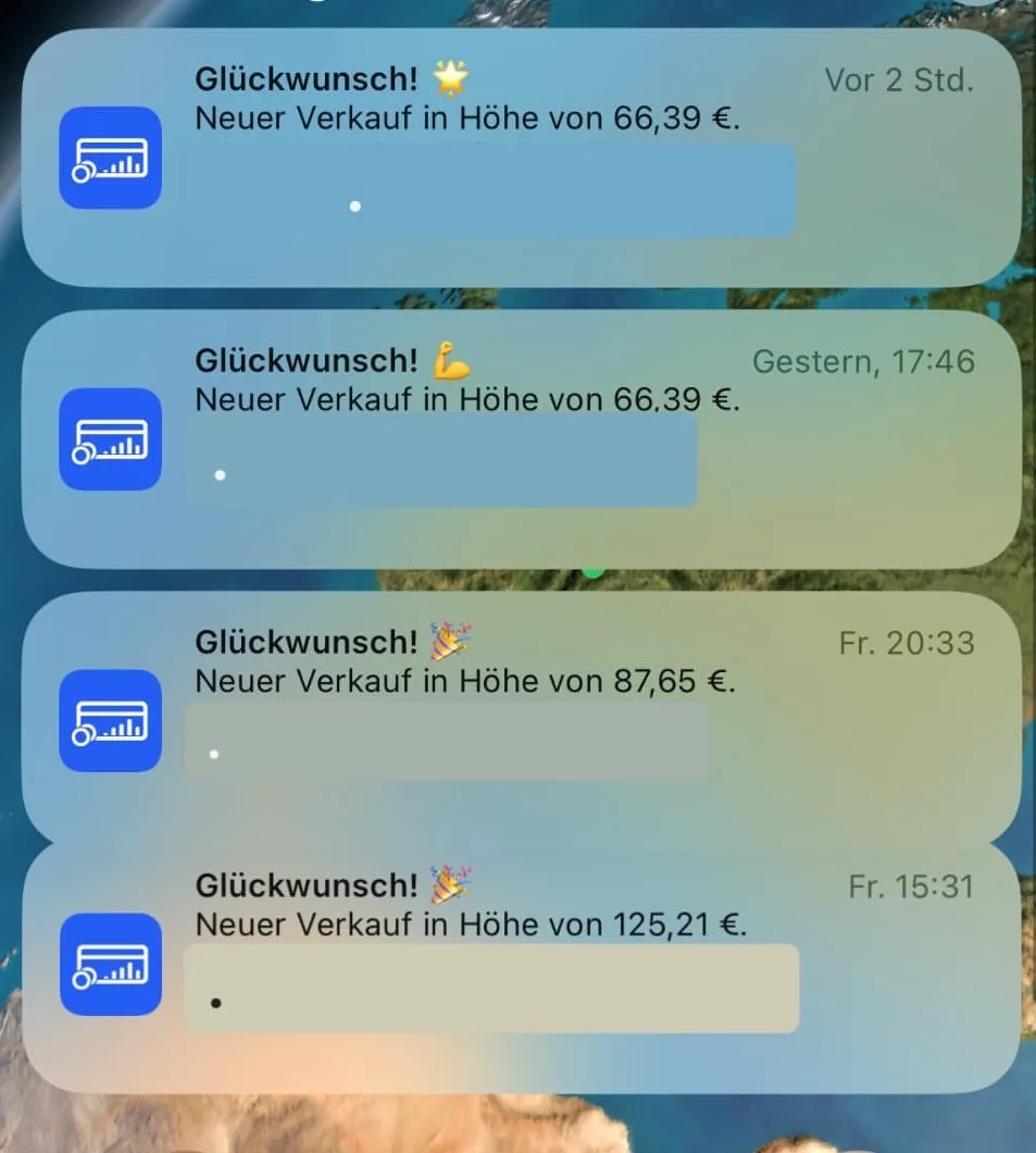 Vier gestapelte Benachrichtigungen mit Verkaufsbestätigungen zwischen 66,39 und 125,21 Euro